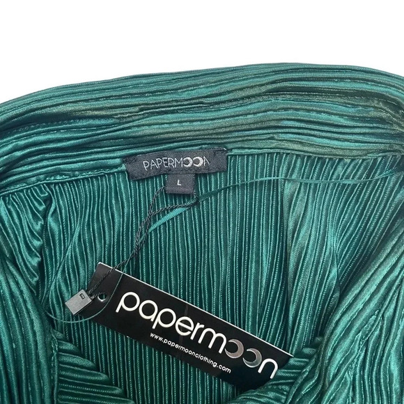 Papermoon Emerald Green Plissé Pleated Shirt Dress Belted Ruffle Hem Long Sleeve - Picture 16 of 16